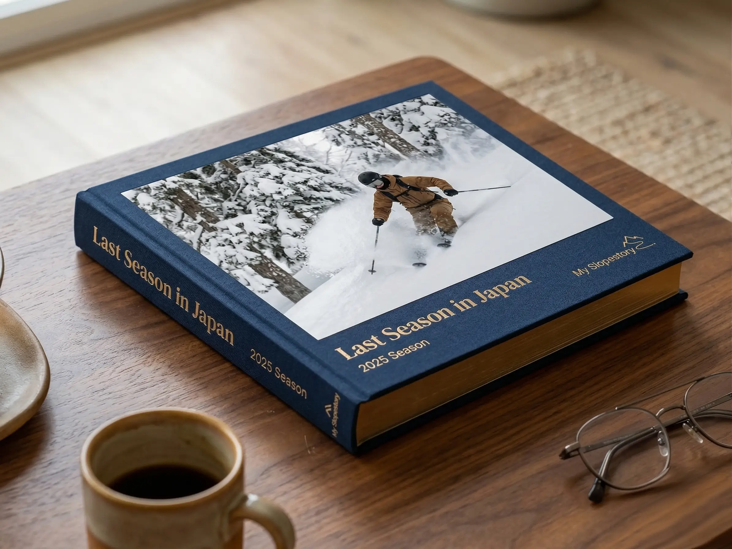 A navy Slopestory photo book with a skiing cover, resting on a wooden coffee table