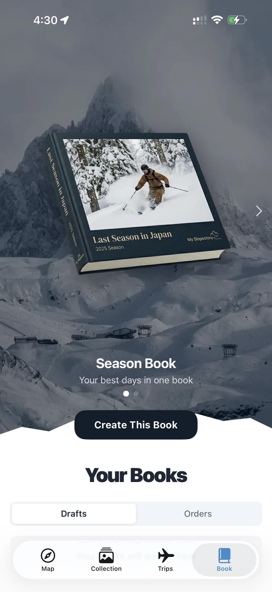 Slopestory's photo book creation screen with a season book preview and Drafts tab
