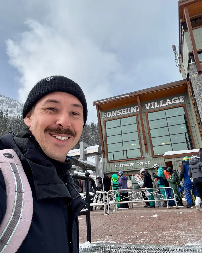 Chad, Slopestory's founder, outside the lodge at Sunshine Village